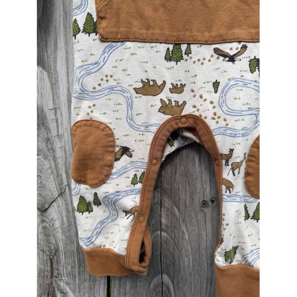 Outdoor Carhartt Romper Kids 6-9M Tan Nature Print Bear Eagle One Piece Rugged - Picture 4 of 11